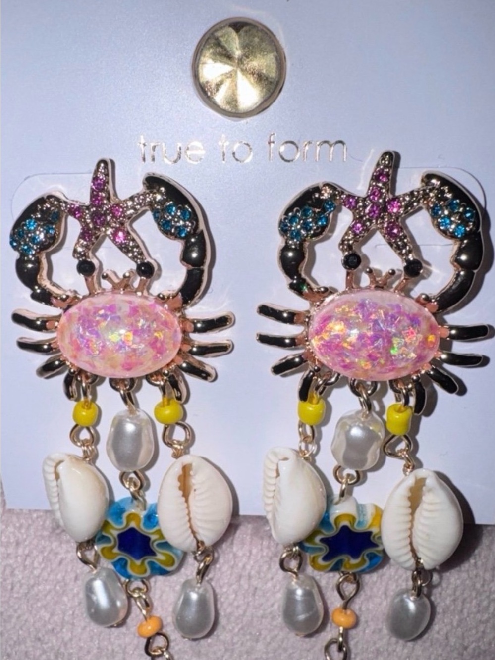True to Form Pink Opal Crab Drop Earrings - Beach Shell Dangle - Picture 2 of 4